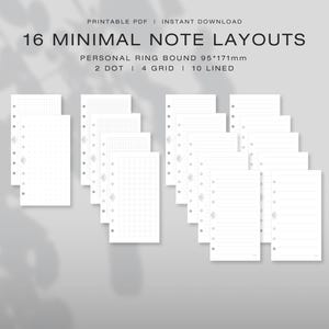 Könnte beinhalten: Ein Set aus 16 druckbaren Notizlayouts für Ringbuchplaner im Format 95 mal 171 mm. Die Sammlung enthält zwei punktierte, vier karierte und zehn linierte weiße Papiereinlagen, die jeweils eine vertikale Reihe von Löchern für die Ringbindung aufweisen.