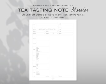 Könnte beinhalten: Ein weißes Teeverkostungsblatt mit schwarzem Text und Linien. Die Kopfzeile lautet TEA TASTING NOTE Marster, US LETTER LOOSE SHEETS 8.5*11inch (216*279mm), BLANK | DOT GRID. Das Formular enthält Felder für Name, Datum, Marke, Wetter, Teesorte und Bewertung.