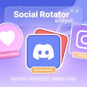 May include: A digital Social Rotator widget graphic featuring a blue square icon with a white Discord logo, layered over a red square. Below the icon is an orange label with the text @username. The background includes a translucent panel with the text Social Rotator widget and smaller icons for Twitch and a rocket ship.