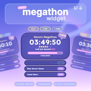 May include: A purple digital 4 in 1 megathon widget interface featuring a countdown timer at 03:49:50, a progress bar at 1700/2000, and text including Nova's Megathon, Lesli just donated $10, Play Horror Game, and Count Stars on a gradient background.
