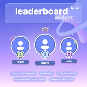 Puede incluir: Un gráfico de widget de tabla de clasificación digital con tres avatares de usuario circulares con los rangos 1, 2 y 3. El diseño incluye el texto "leaderboard widget", botones "!claim" y etiquetas como "Boost Viewer Engagement".