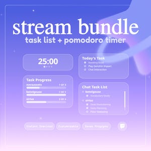 Può includere: Un'interfaccia digitale di bundle per stream con un timer pomodoro impostato su 25:00, una lista di attività e tracker di progresso. Il design utilizza uno sfondo sfumato viola con testo bianco che include Today's Task, Task Progress e Chat Task List.