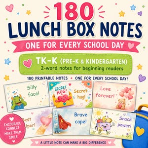May include: A set of 180 lunch box notes for pre-K and kindergarten pupils, featuring colourful illustrations and short phrases like Silly face, Secret hug, Love forever, Best helper, Brave cape, and Snack power, designed for beginning readers.