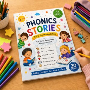 May include: A Phonics Stories workbook for early learners with a white cover featuring colorful illustrations of children, a sun, and text including 'Fill in the Missing Letters', 'Fun Stories. Picture Clues. Phonics Practice!', and '20 Stories'.