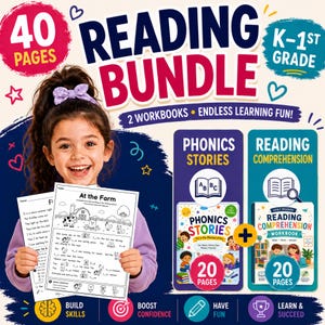 May include: A reading bundle for K-1st grade featuring 40 pages across two workbooks. The set includes Phonics Stories and Reading Comprehension workbooks, each with 20 pages. The cover displays educational text and colourful graphic icons.