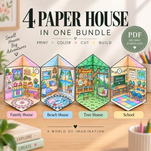 May include: A digital bundle featuring 4 paper house designs titled Family House, Beach House, Tree House, and School. The graphic includes the text 4 PAPER HOUSE IN ONE BUNDLE, PRINT COLOR CUT BUILD, and A WORLD OF IMAGINATION, with a PDF INSTANT DOWNLOAD badge.