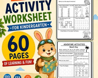 Kindergarten Activity Workbook | 60 Pages Math, Reading & Phonics | Homeschool Printable PDF