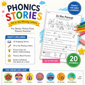 May include: A Phonics Stories educational worksheet set featuring 20 engaging stories with fill-in-the-missing-letters exercises, picture clues, and phonics word practice. The US letter size page shows an In the Forest story with illustrations.