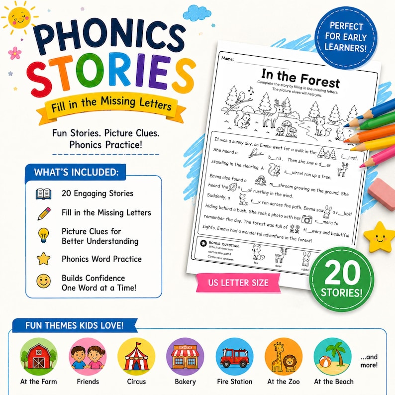 May include: A Phonics Stories educational worksheet set featuring 20 engaging stories with fill-in-the-missing-letters exercises, picture clues, and phonics word practice. The US letter size page shows an In the Forest story with illustrations.