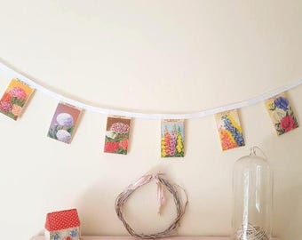 Floral Fabric Bunting Garland, Handmade Vintage Style Banner, French Country Cottage Decor