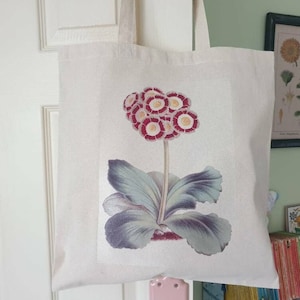 Auricula Flower Print Tote Bag, Gift for Gardeners, Reusable Cotton Shopping Bag