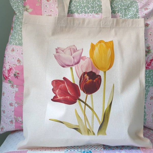 Tulip Flower Cotton Tote Bag, Gardeners Gift Bag, Tulip Print, Spring Flower Gift Idea, Birthday Gift Idea, Gift for Garden Lovers