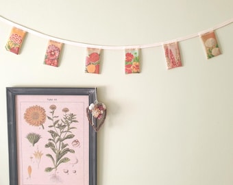 Vintage French Seed Packet Bunting, Hand Printed Floral Fabric Garland, Cottagecore Decor, Garden Party Banner