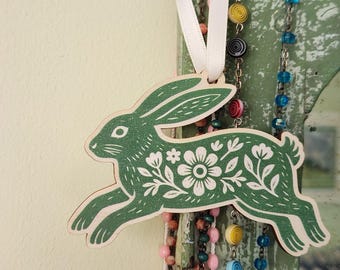 Scandinavian Folk Art Hare Hanging Decoration, Wooden Rabbit Ornament, Cottagecore Decor, Nature Lovers Gift