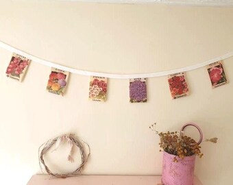 Hand Printed Floral Fabric Bunting, Vintage Seed Packet Garland