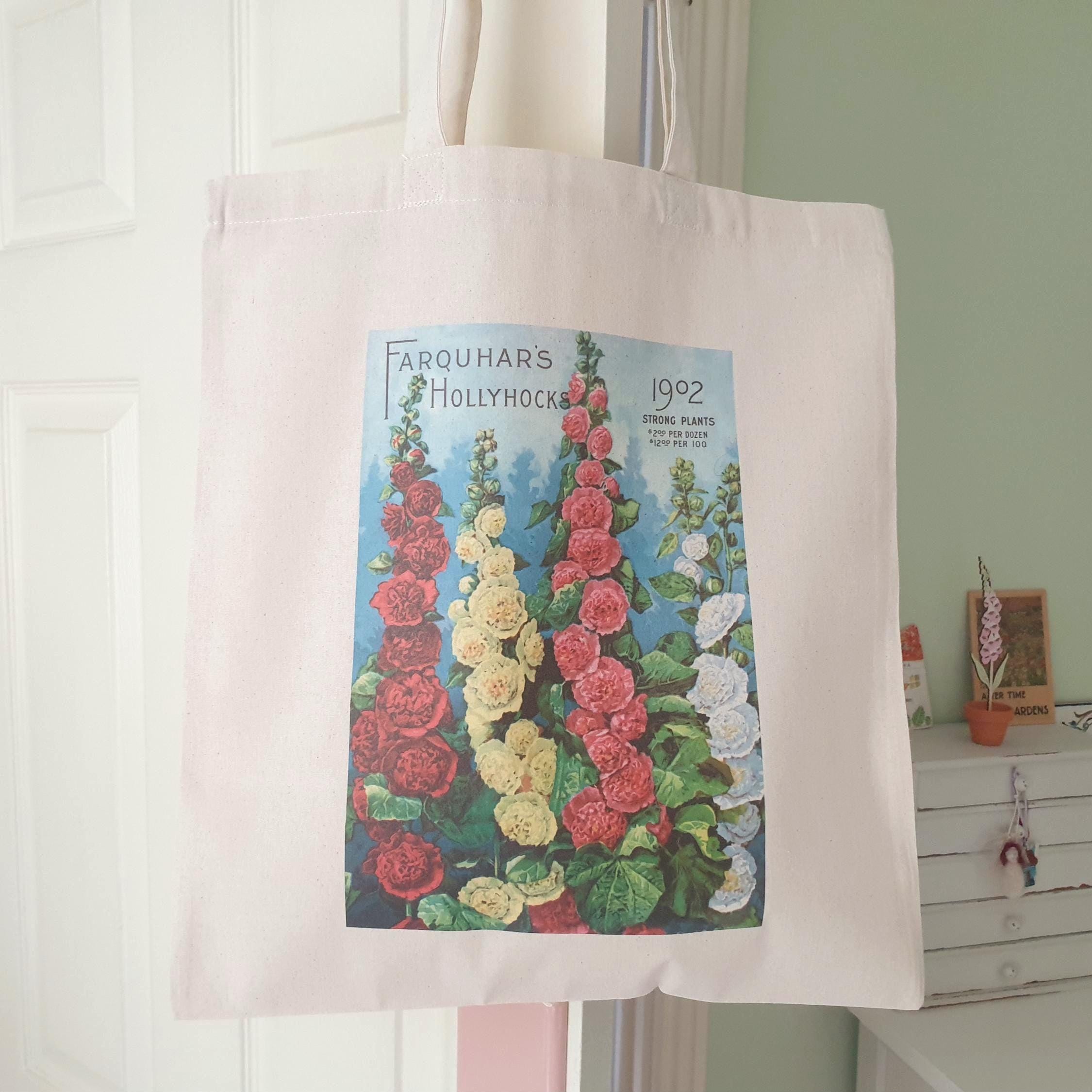 Floral Print Cotton Tote Bag: Vintage Hollyhock Cottage Garden Design