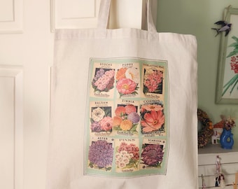 Vintage Flower Seeds Cotton Tote Bag, Cottagecore Floral Market Shopper, Made in the UK