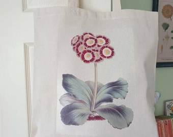 Auricula Flower Tote Bag, Eco Friendly Reusable Cotton Tote Gift for Gardeners & Plant Lovers