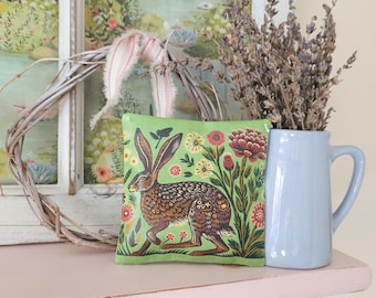 Handmade Hare Print Lavender or Rose Petal Sachet, Gift for Nature Lovers