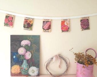 Handmade Floral Fabric Bunting, Vintage Seed Packet Garland, Cottagecore Garden Gift, Summerhouse & Greenhouse Decoration