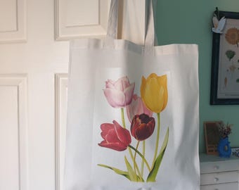 Tulip Flower Cotton Tote Bag, Gardeners Gift Bag, Tulip Print, Spring Flower Gift Idea, Birthday Gift Idea, Gift for Garden Lovers