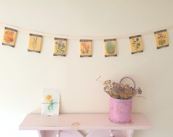 Floral Fabric Bunting Garland, Vintage Seed Packet Print, Cottagecore Garden Party Decor