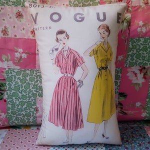 Vintage Sewing Dress Pattern Cushion, Hand printed fabric cushion, Vogue Sewing Pattern, Vintage Sewing Pattern Seamstress gift, sewers gift