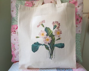 Primrose Spring Flower Illustration Hand Printed Cotton Shopping Tote Bag