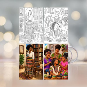 May include: A ceramic mug featuring two distinct illustrations of Black women. One side shows a woman in a library with a patterned skirt, the other shows women styling hair. Both designs include the text Books Nourish the Mind and Inspire the Soul and Love Your Crown. The mug displays both line art and full-colour versions of these scenes.