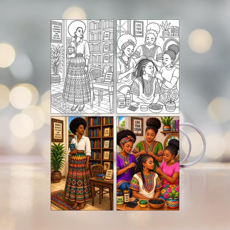 May include: A ceramic mug featuring two distinct illustrations of Black women. One side shows a woman in a library with a patterned skirt, the other shows women styling hair. Both designs include the text Books Nourish the Mind and Inspire the Soul and Love Your Crown. The mug displays both line art and full-colour versions of these scenes.