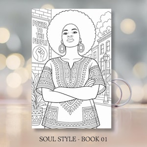 May include: A black and white colouring page featuring a person with a large afro hairstyle and hoop earrings, wearing a patterned tunic with arms crossed. The background shows a city street with a sign that reads POWER TO THE PEOPLE.