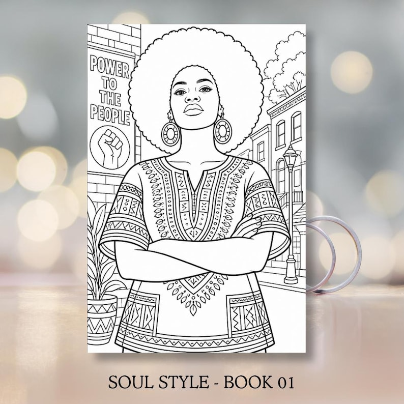 May include: A black and white colouring page featuring a person with a large afro hairstyle and hoop earrings, wearing a patterned tunic with arms crossed. The background shows a city street with a sign that reads POWER TO THE PEOPLE.