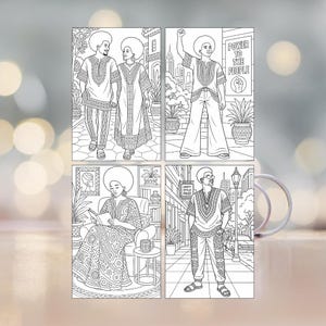 May include: A white ceramic mug featuring four distinct black and white line art illustrations of individuals in patterned clothing. One panel includes the text "POWER TO THE PEOPLE" and another includes a sign reading "UNITY STYLE PRIDE".