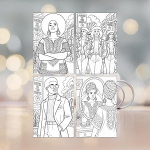 May include: A white ceramic mug featuring four distinct black and white line art illustrations. The designs depict individuals with afro hairstyles, wearing patterned tunics, and participating in protests with signs reading Power to the People and Black Power.