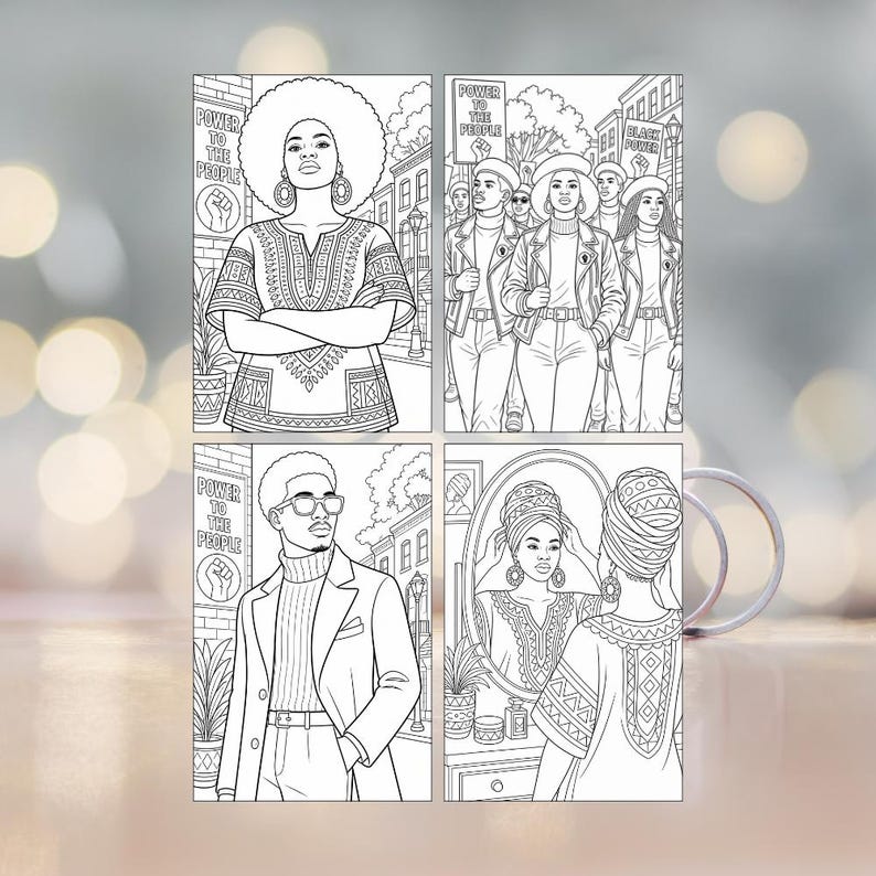 May include: A white ceramic mug featuring four distinct black and white line art illustrations. The designs depict individuals with afro hairstyles, wearing patterned tunics, and participating in protests with signs reading Power to the People and Black Power.