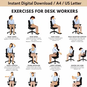 May include: A digital instructional chart titled EXERCISES FOR DESK WORKERS featuring illustrations of a person in a light blue shirt and tan pants performing various seated stretches and movements on a black office chair with text instructions.