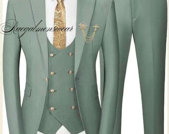 Salbeigrüner Herrenanzug, 3-teilig, moderner Slim-Fit-Hochzeitsanzug