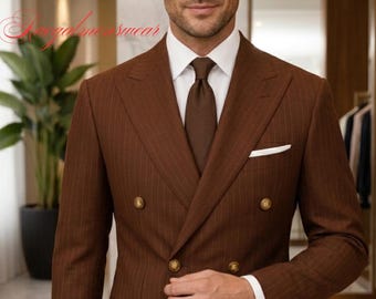 Men’s Chocolate Brown Double Breasted Pinstripe Suit 2 Pece suit creem trujer