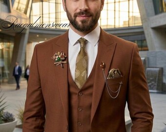 Men Brown 3 Piece Suit Premium Wedding Suit for Groom, Custom Tailored Terracotta Rust Prom Suit