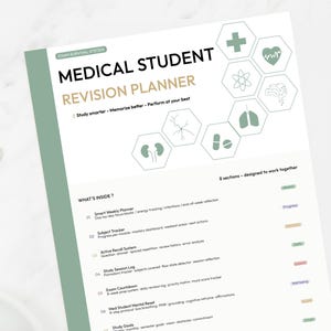 Peut inclure: Un document de planification de révision pour étudiant en médecine blanc avec des accents vert sauge. L'en-tête indique MEDICAL STUDENT REVISION PLANNER avec des icônes hexagonales de symboles médicaux et une liste de sections de suivi.