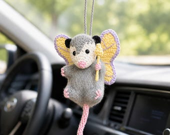Crochet Fairy Opossum Car Mirror Charm, Cute Possum Rearview Mirror Accessory, Butterfly Animal Bag Charm, Handmade Car Ornament Gift