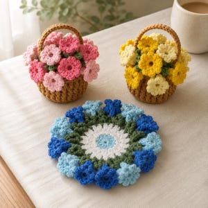 Può includere: Due piccoli cestini all'uncinetto marroni riempiti con fiori all'uncinetto rosa e gialli, accompagnati da un sottobicchiere all'uncinetto piatto e circolare con un centro bianco circondato da foglie verdi e fiori in varie tonalità di blu.