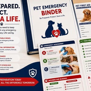 Può includere: Un raccoglitore di emergenza per animali domestici con nove pagine stampabili contenenti il testo BE PREPARED. PROTECT. SAVE A LIFE. PET EMERGENCY BINDER, PET FIRST AID GUIDE, EMERGENCY ASSESSMENT e TICK REMOVAL, con illustrazioni di cane e gatto.