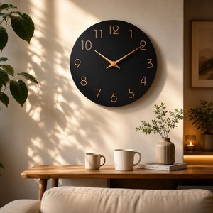 May include: A circular wall clock with a matte black face and metallic gold-toned numerals from one to twelve. The clock features two slender gold-toned hands positioned at the center, mounted on a plain wall above a wooden table.