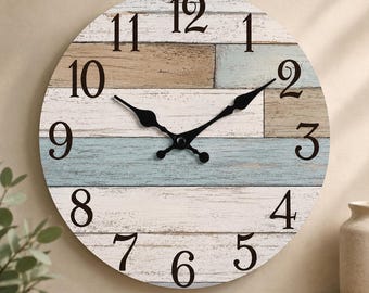 Coastal Wall Clock 12 Inch Silent Non Ticking Rustic Blue Beach House Decor