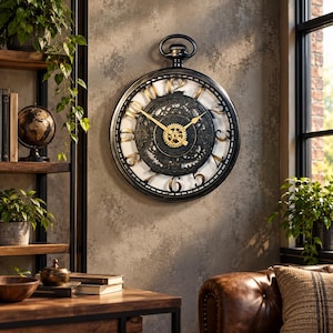 13 Inch Steampunk Wall Clock | Silent Vintage Industrial Gear Clock | Oversized Round Decor