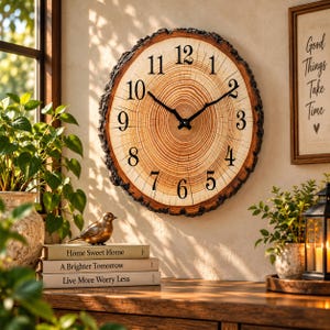 May include: A round wall clock made from a natural wood slice featuring visible tree rings, a dark bark edge, and black numerals from 1 to 12. The clock has two black hands centered on the face, displaying a clear time-telling design.