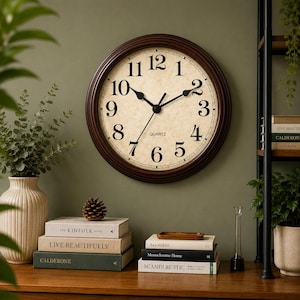 May include: A round wall clock with a dark brown frame and a cream-colored face featuring black Arabic numerals and black hands. The word QUARTZ is printed in black in the center of the clock face. The clock has a classic circular design.