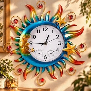 May include: A round wall clock featuring a central white face with black numerals, hands, and two small circular gauges. The frame is a sun and moon design with multi-colored metal rays, gold stars, and embedded red circular gems.