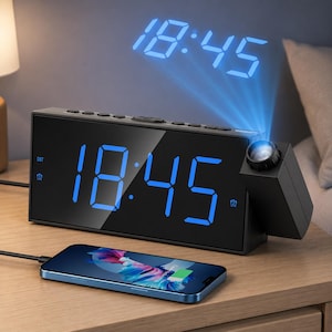 May include: A black rectangular digital alarm clock with a large blue LED display showing 18:45. The clock features a side projector casting the time 18:45 onto a surface above. A smartphone is connected to the clock via a black charging cable.